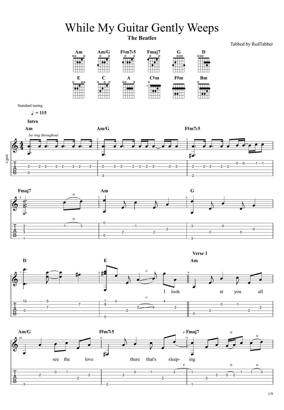 The Beatles While My Guitar Gently Weeps (fingerstyle) TAB by RedTabber