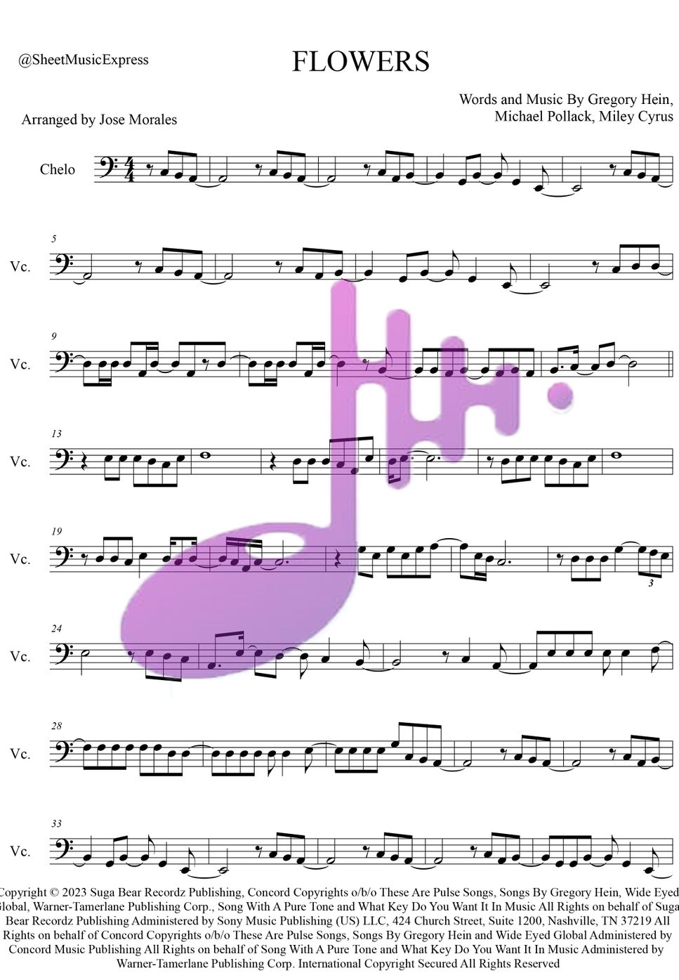 Miley Cyrus - Flowers - Miley Cyrus Cello (Pop) by Sheet Music Express