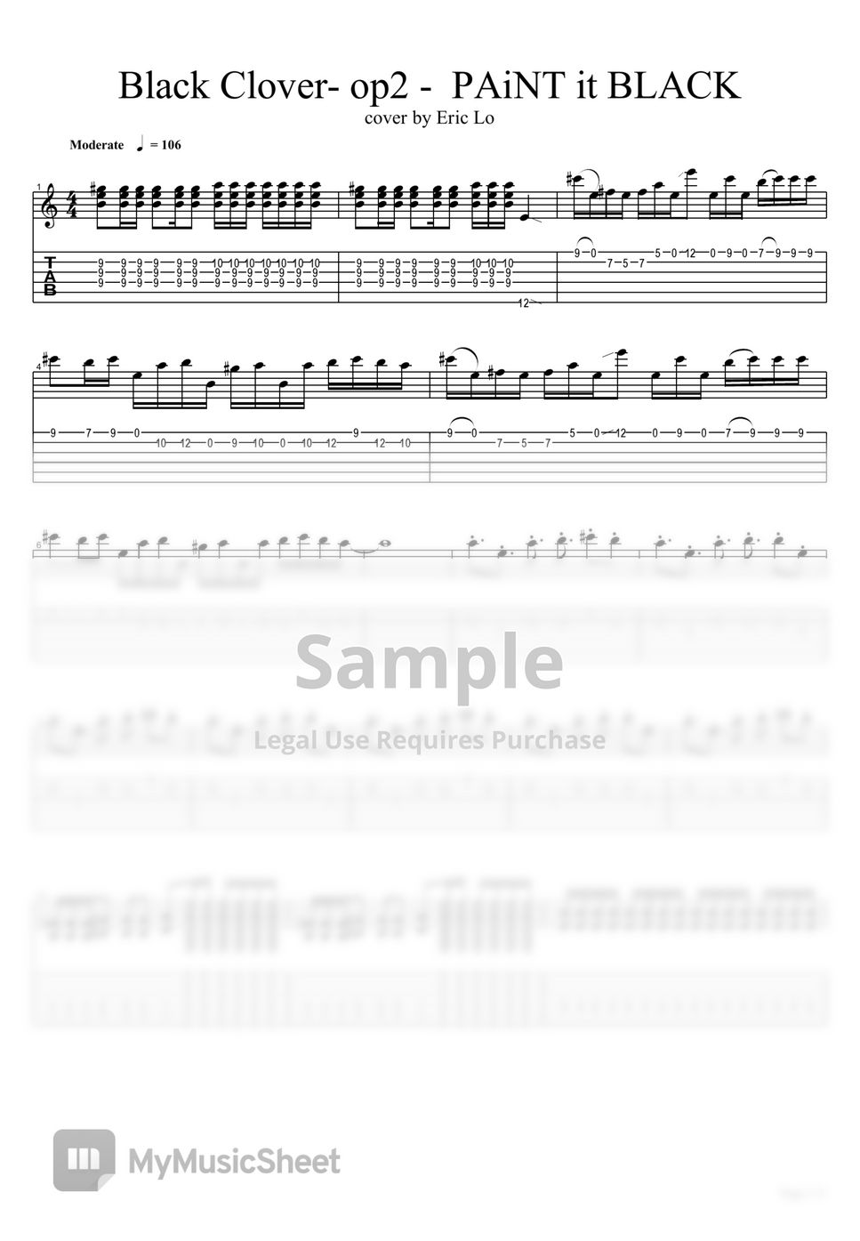 黑色五葉草 Black Clover op2 PAiNT it BLACK guitar cover แทป + บรรทัด 5