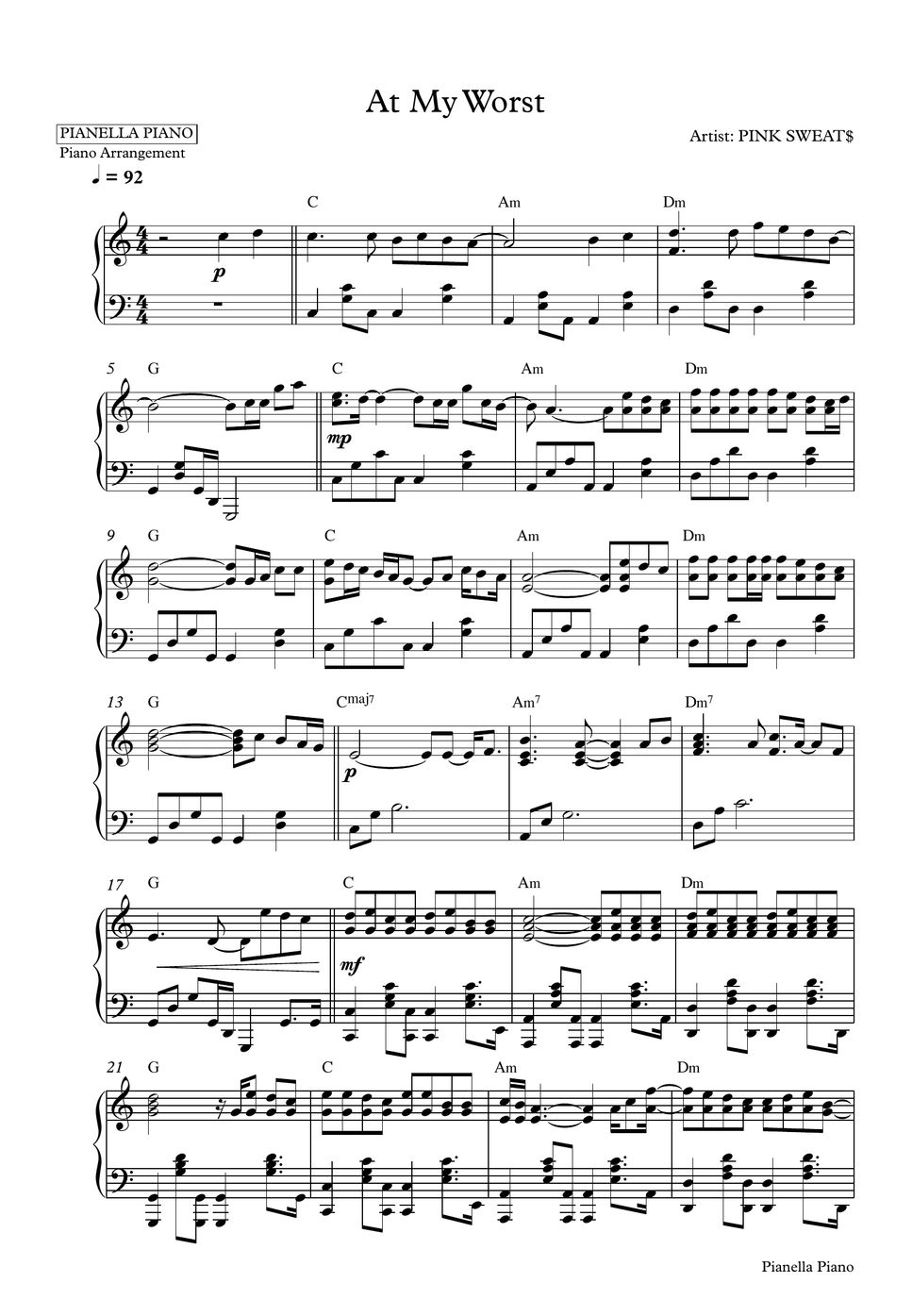 PINK SWEAT / BTS Jungkook Cover At My Worst Sheet by Pianella Piano