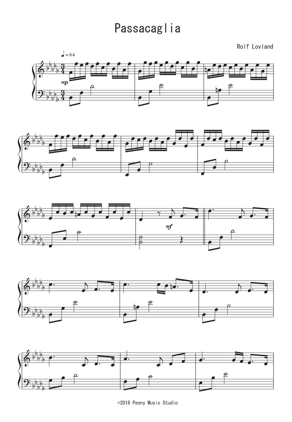 Secret Garden - Passacaglia ピアノ楽譜PDF | Peony | Kokomu