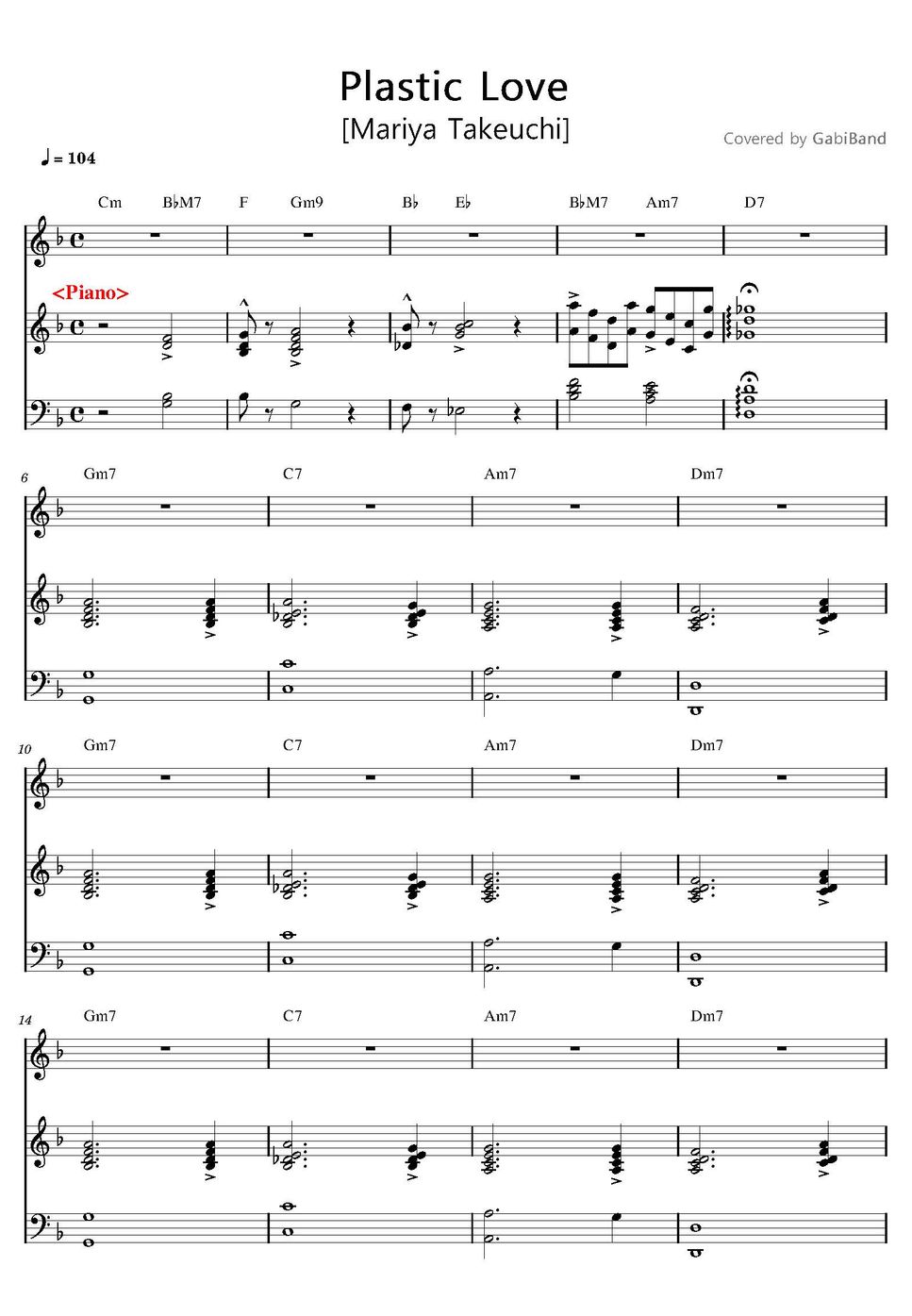 Mariya Takeuchi Plastic Love (피아노) Sheets by Gabi Band