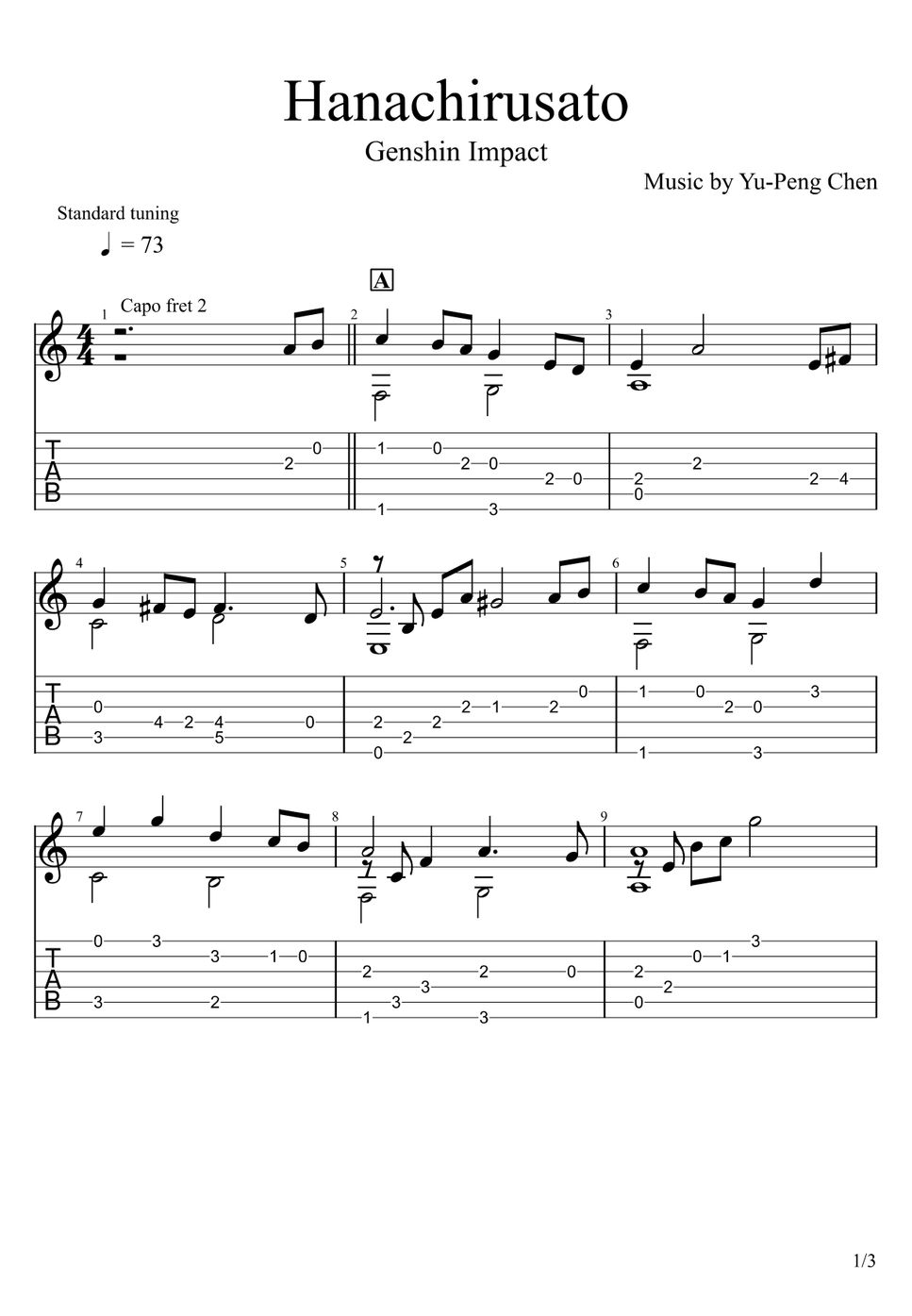 Genshin Impact - Hanachirusato TAB PDF | u3danchou | mymusic5