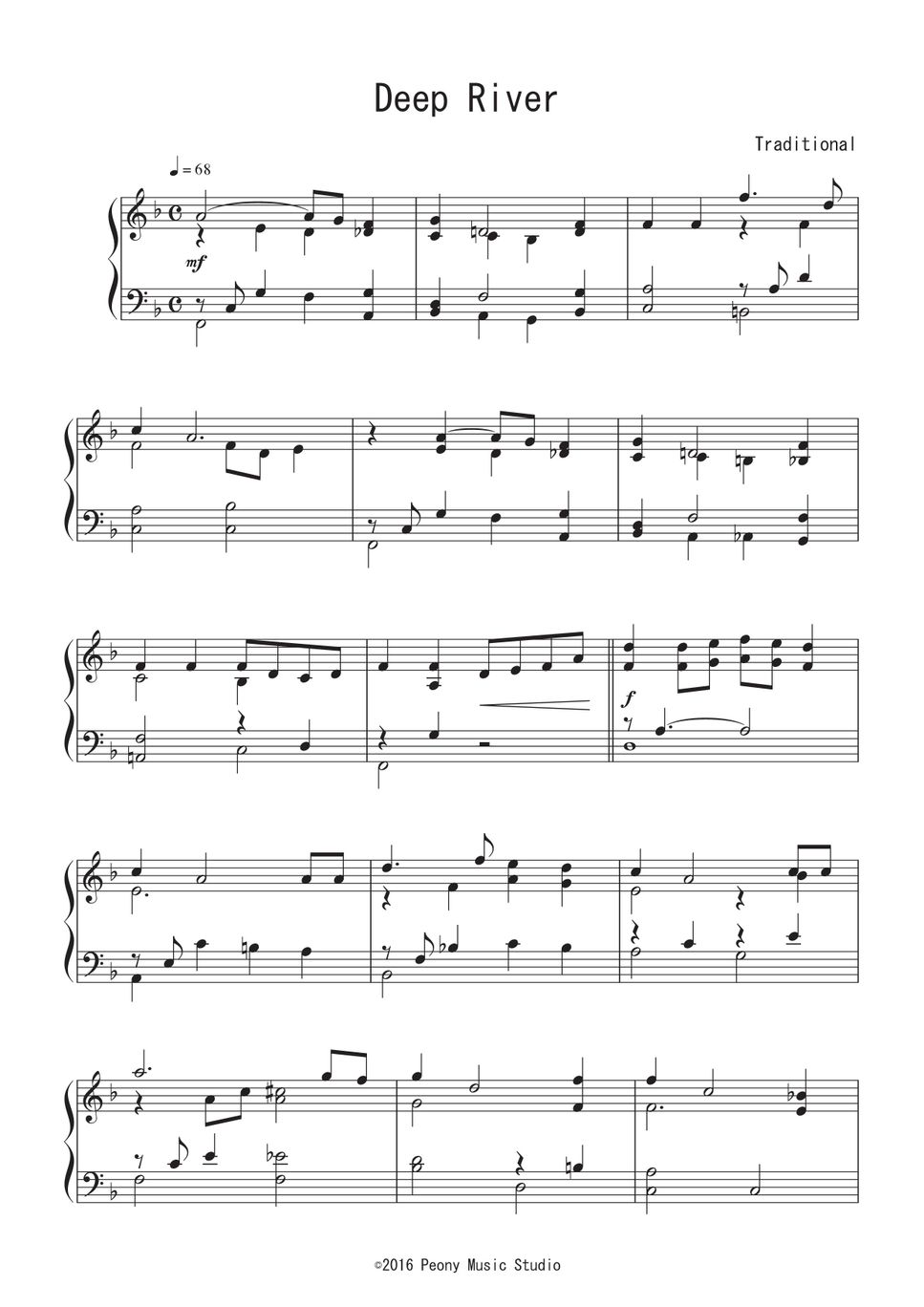 黒人霊歌 - Deep River Piano Sheet Music PDF | Peony | Kokomu
