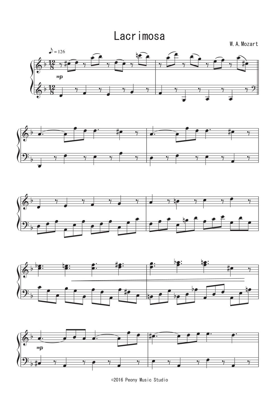 W.A.モーツァルト - 「レクイエム」より ラクリモーサ ピアノ楽譜PDF