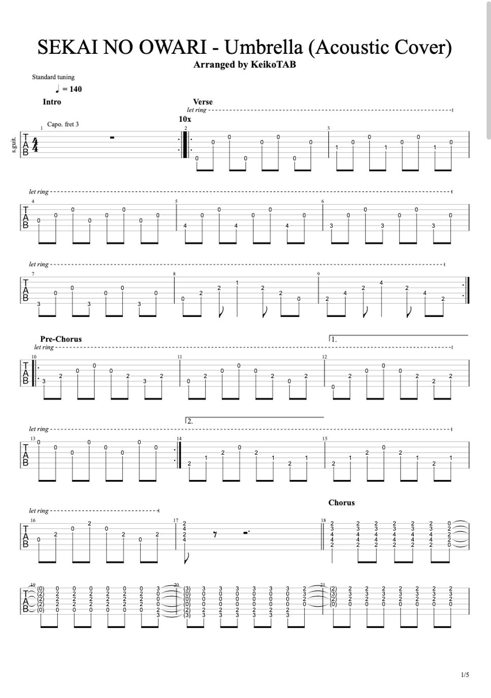 SEKAI NO OWARI Umbrella 樂譜 by KeikoTAB