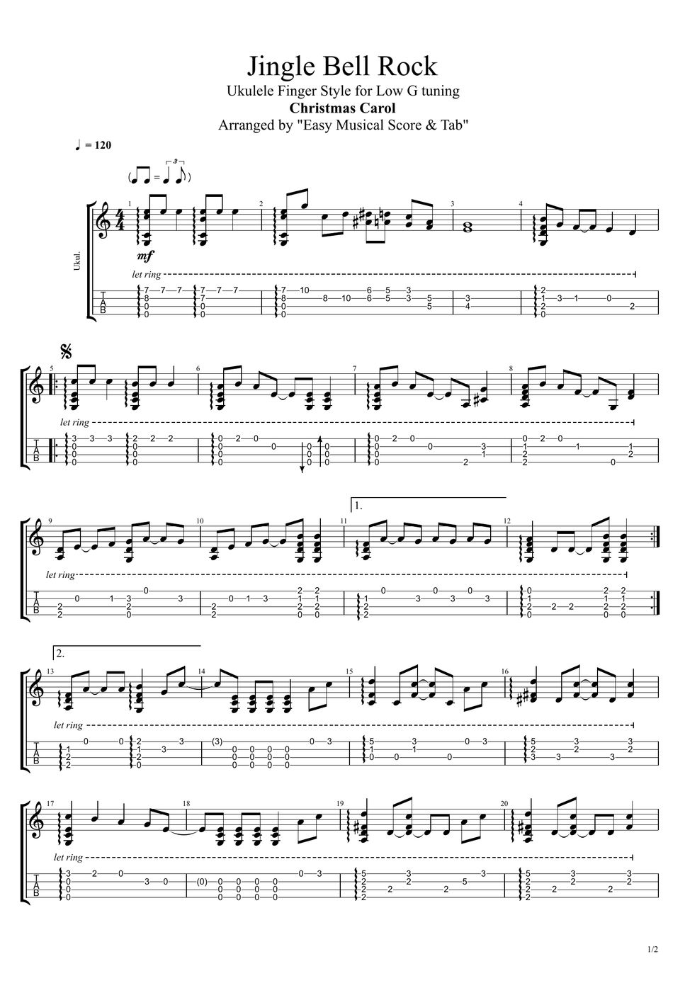 Christmas Carol "Jingle Bell Rock" Easy Finger Style Tab for Ukulele