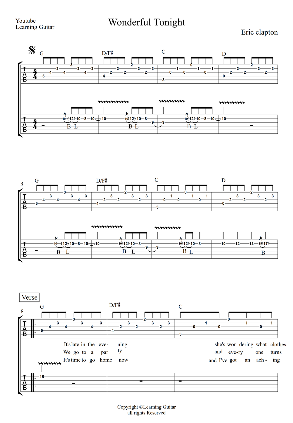 Eric Clapton - Wonderful Tonight (Guitar Lead & Rhythm TAB