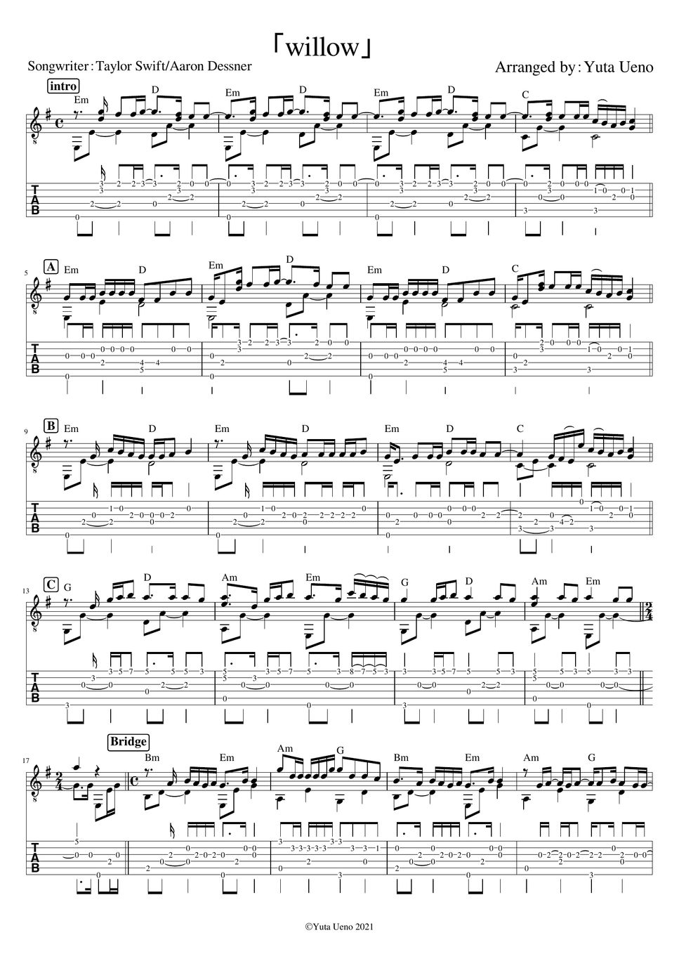 Taylor Swift - Willow (Fingerstyle Guitar) TAB By Yuta Ueno