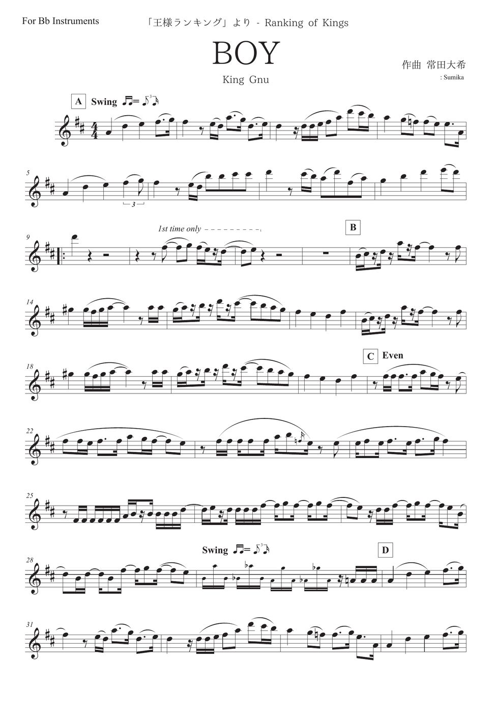 Ranking of Kings BOY / King Gnu (in Bb) Sheet by Sumika