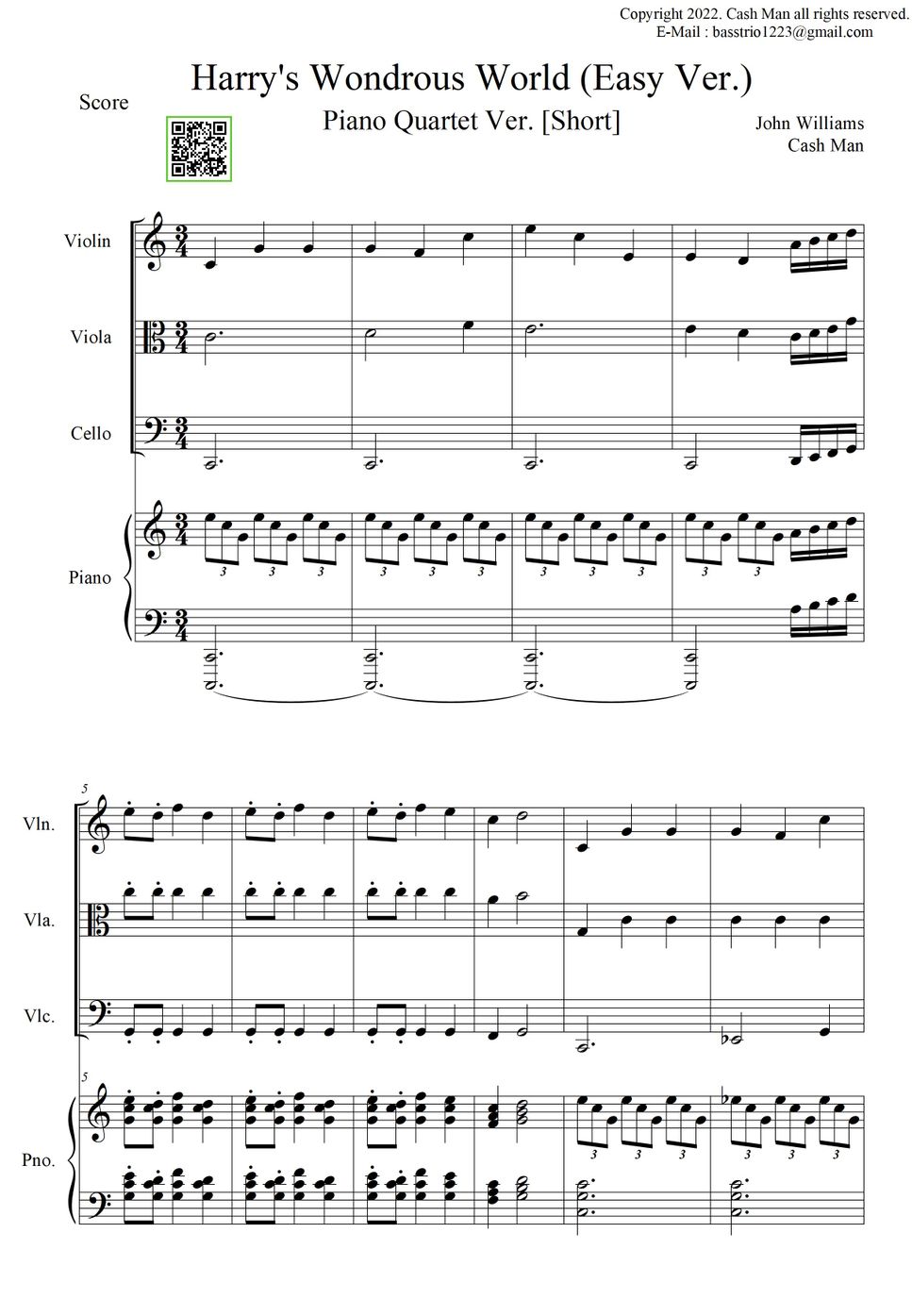 John Williams - Harry's Wondrous World (Piano Quartet / Full Score / Part Score / Arrangement / Backing Track) by Cash Man