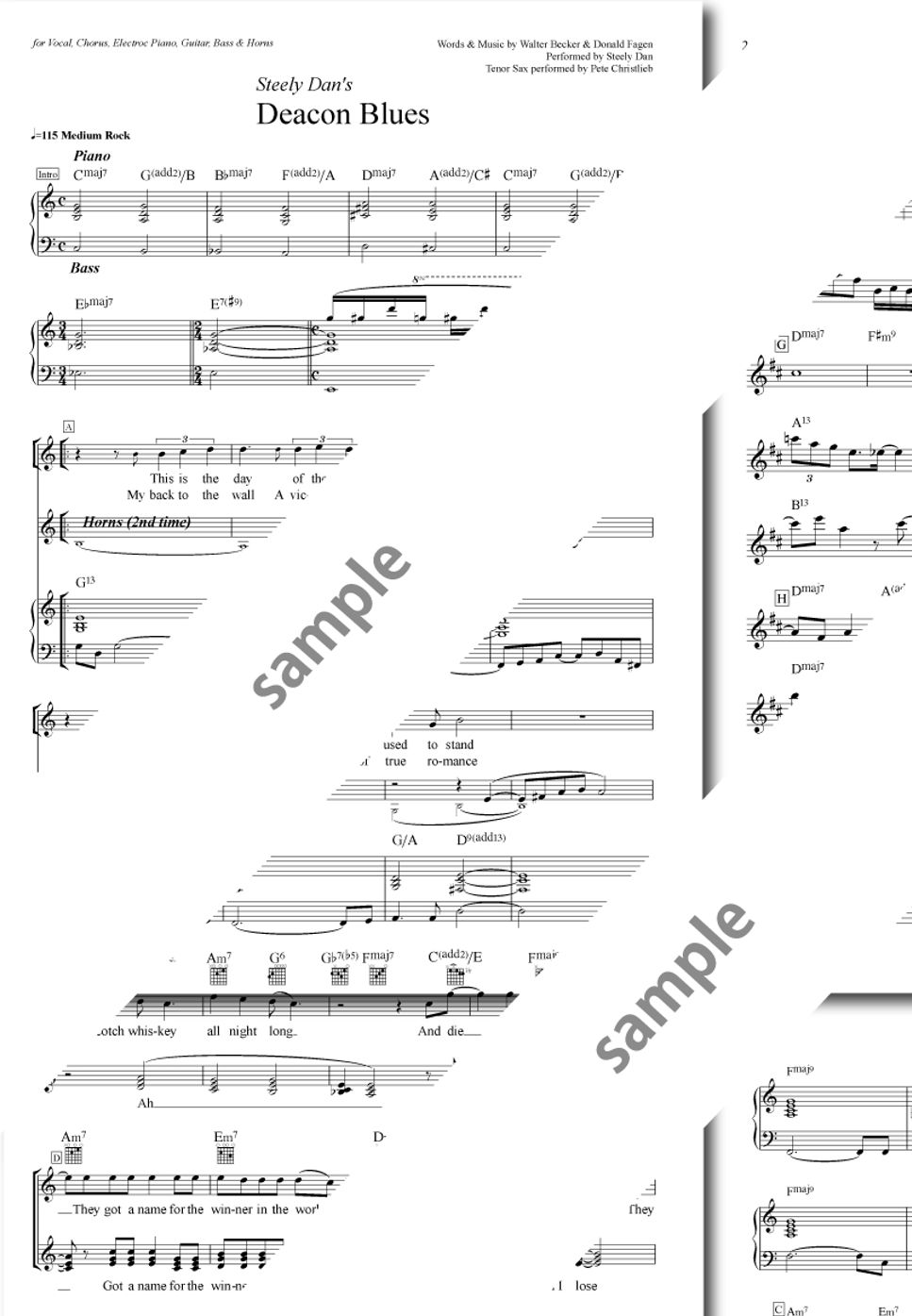 Steely Dan Deacon Blues Steely Dan（バンド用コンデンス・スコア、サックス・ソロ完全コピー） 楽譜