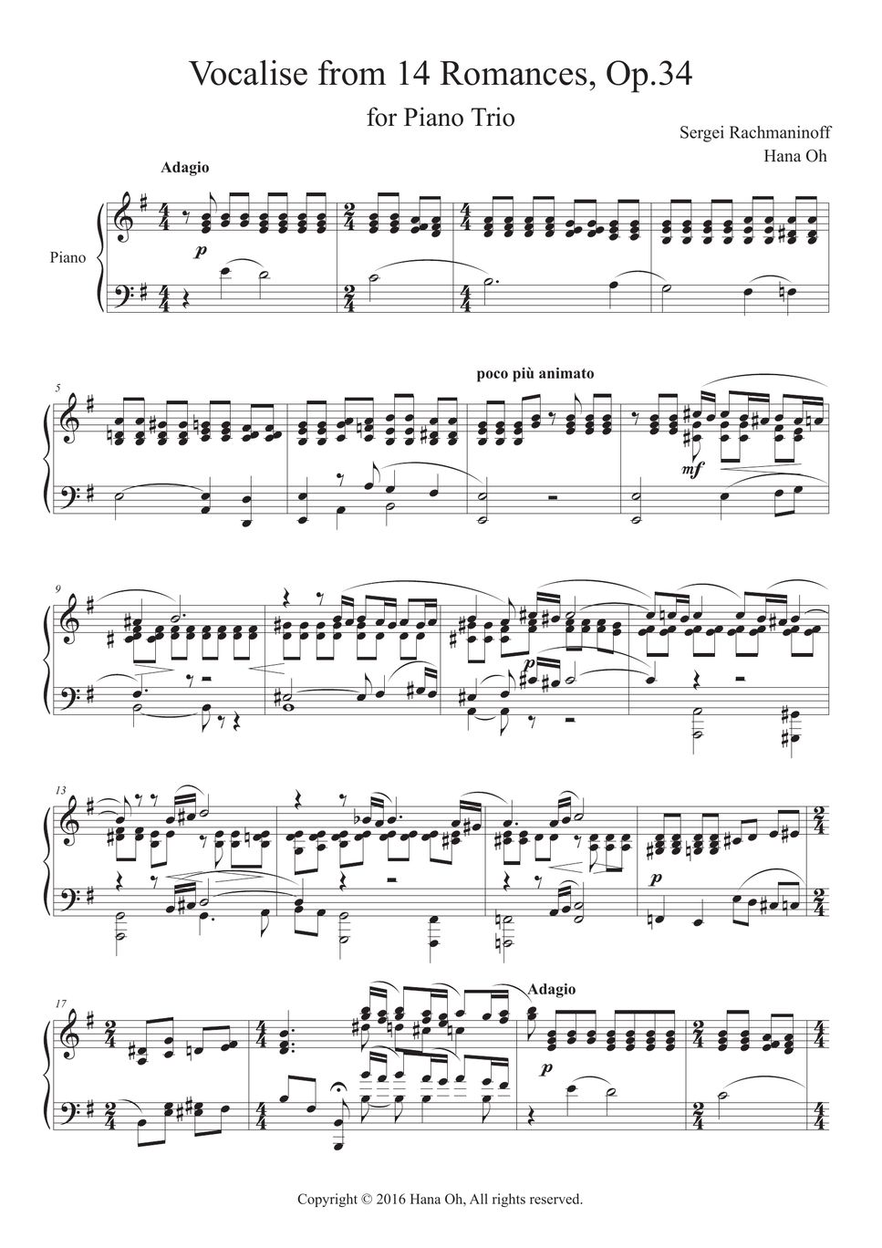 Sergei Rachmaninoff Vocalise From 14 Romances Op34 Piano Trio Sheet By Hana Oh Bell 2518