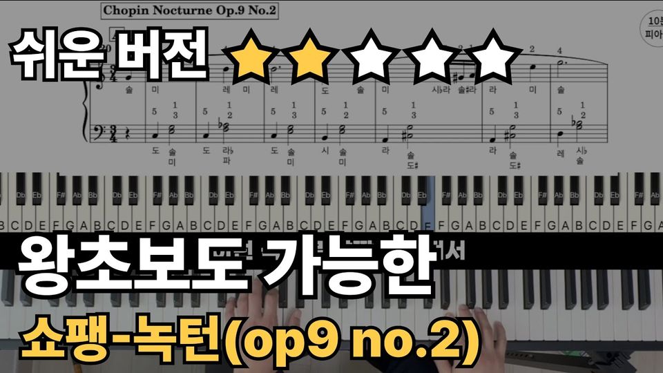 쇼팽 녹턴 op9 no.2 쉬운 악보 초보,입문자용 계이름,손가락 번호 포함