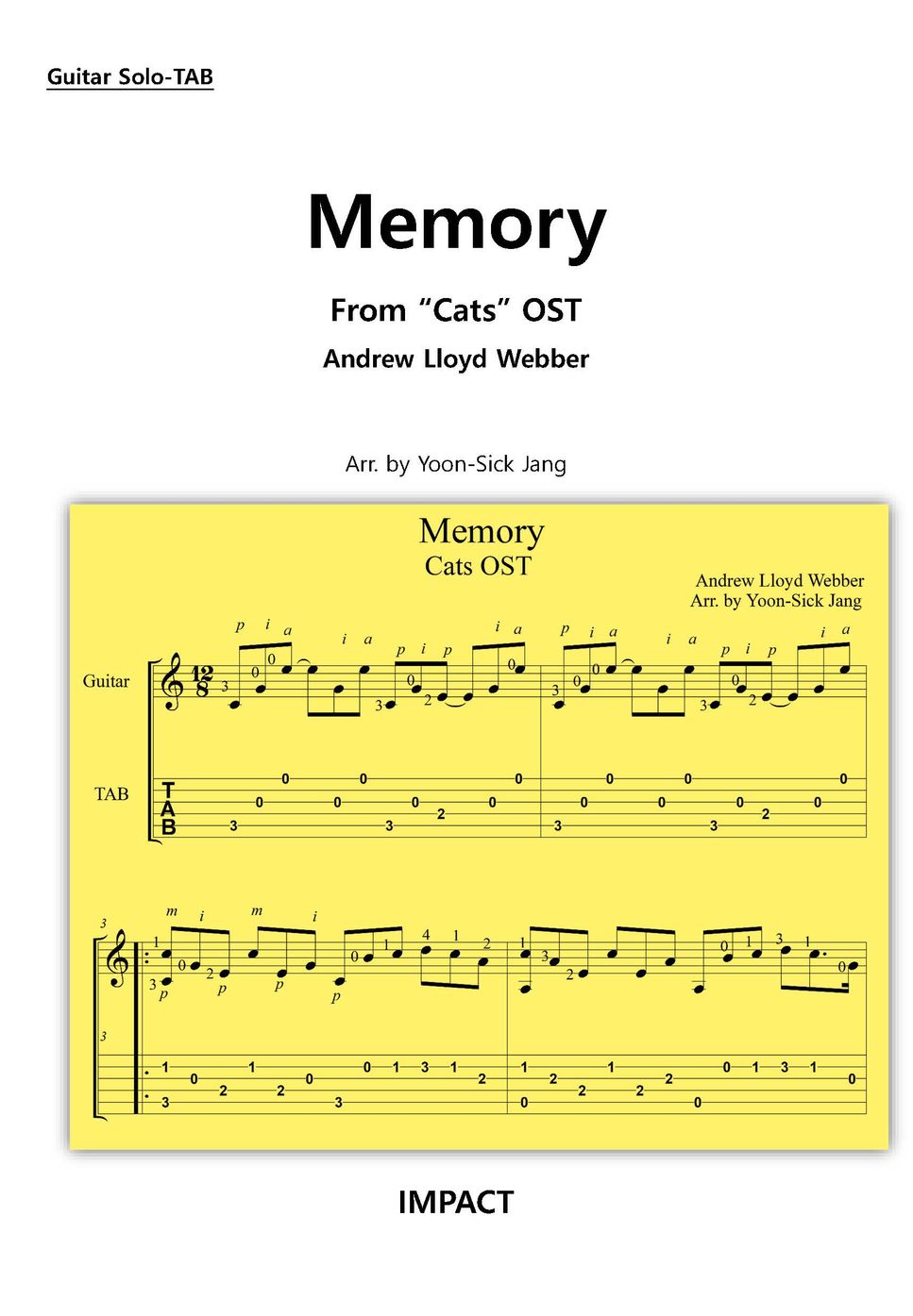 Andrew Lloyd Webber - 뮤지컬 캣츠(Cats) -Memory(쉬운 기타솔로) (타브악보, 오선악보 동시 수록) by 장윤식