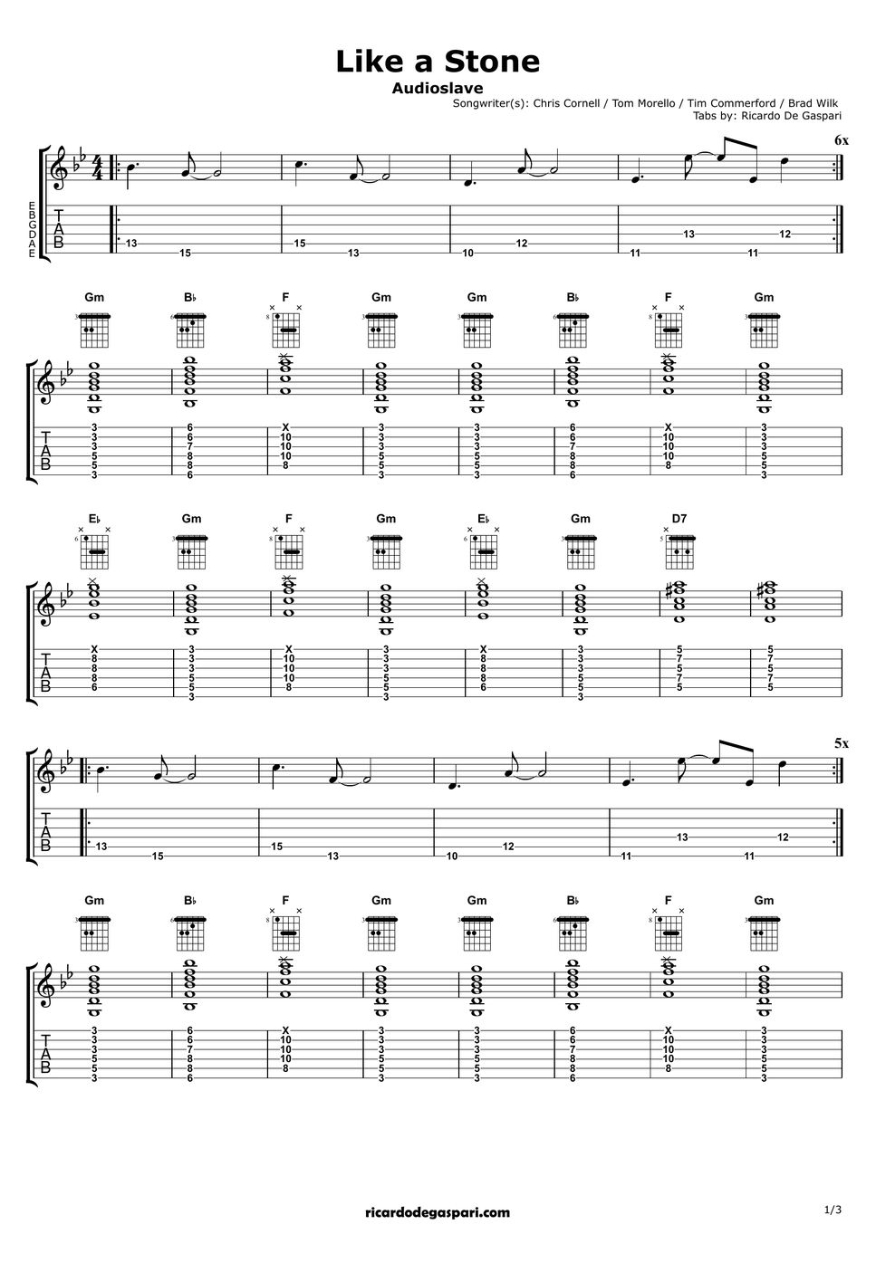 Audioslave Like a Stone (for one guitar) TAB by Ricardo De Gaspari
