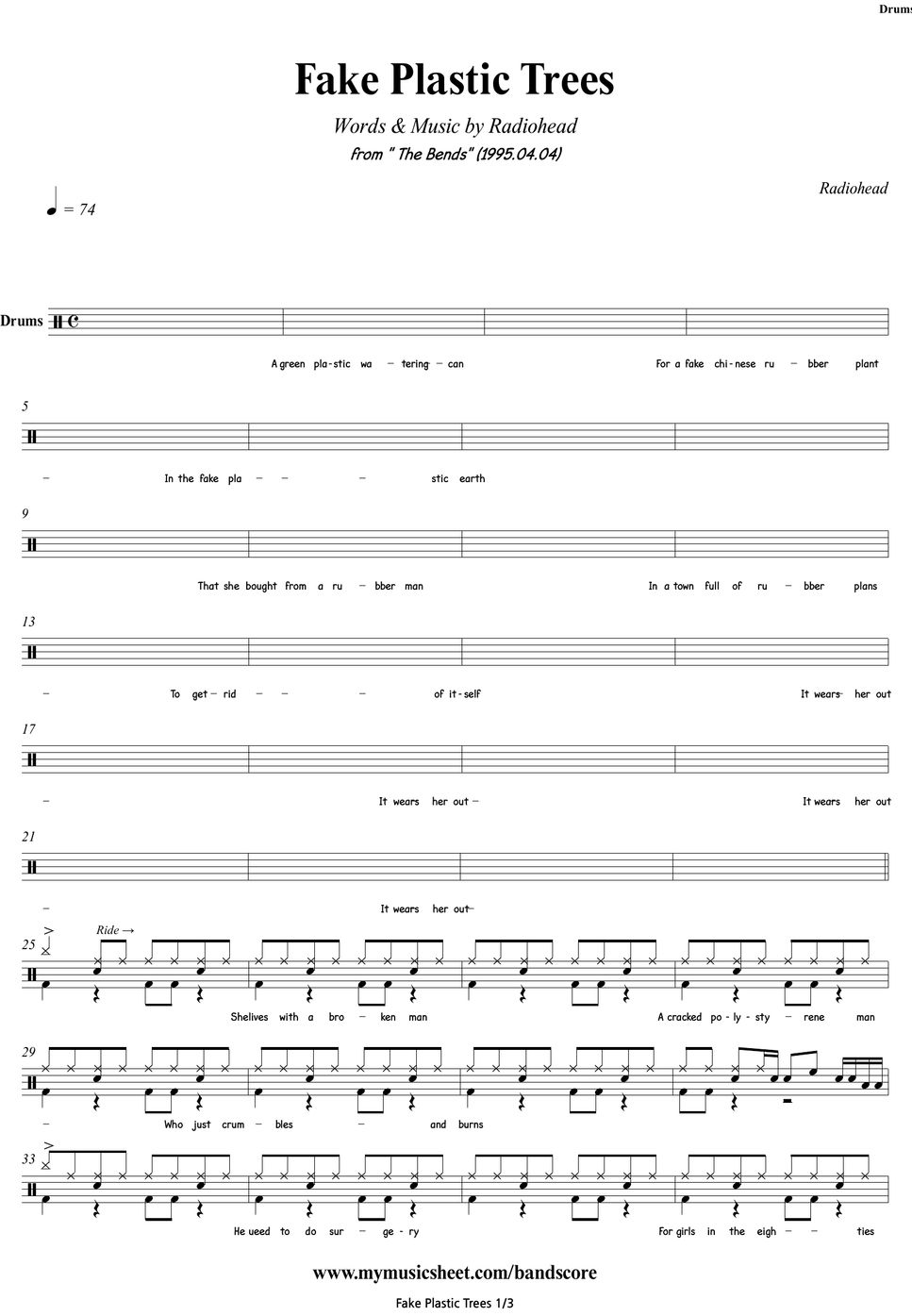 Radiohead Fake Plastic Trees Drums Notenblatt