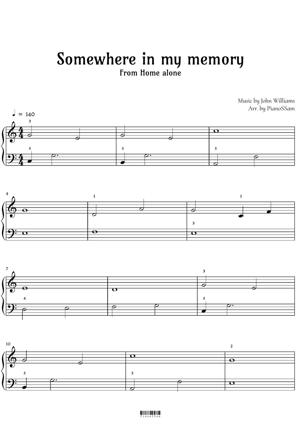 John Williams - [Easy] Somewhere in my memory (Home Alone) 楽譜 by PianoSSamm
