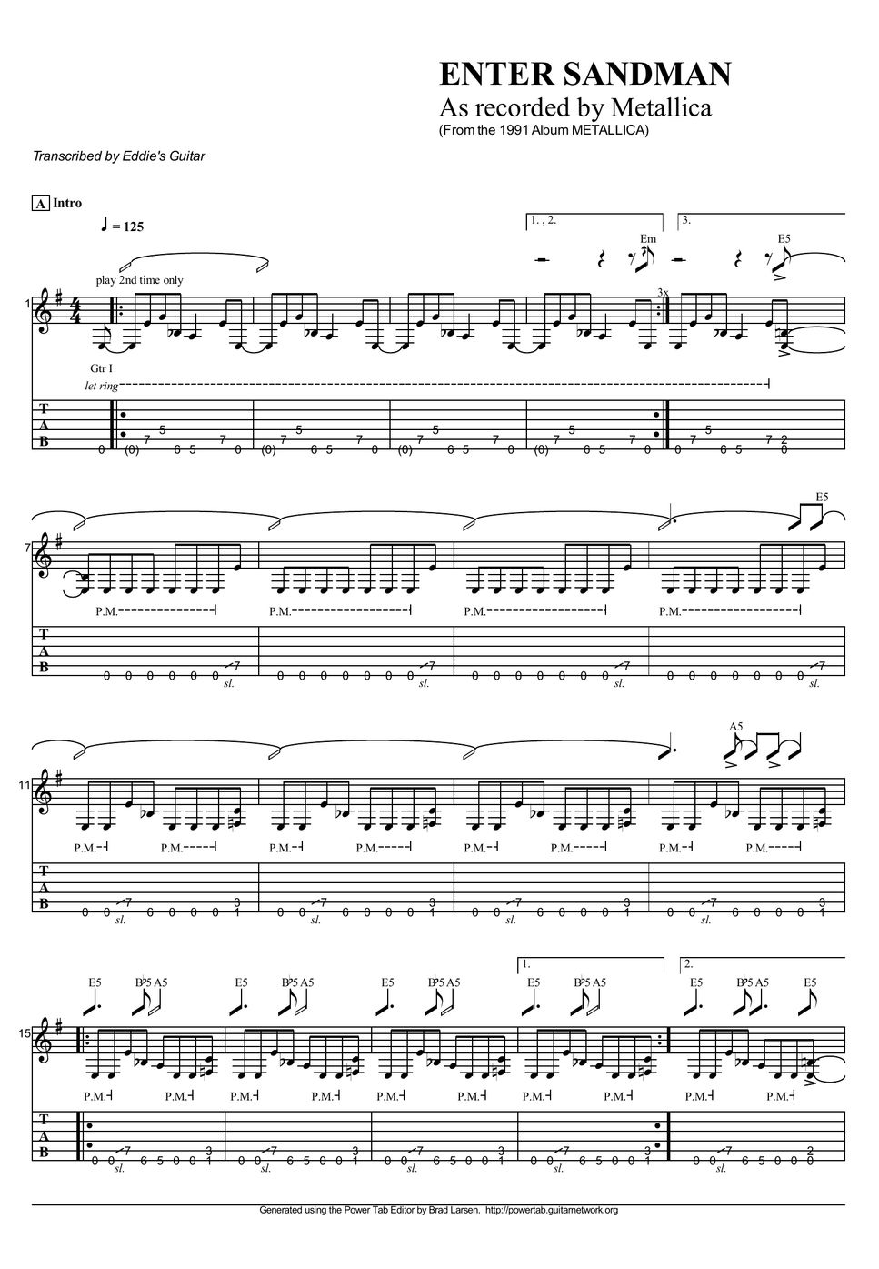Metallica Enter Sandman TAB