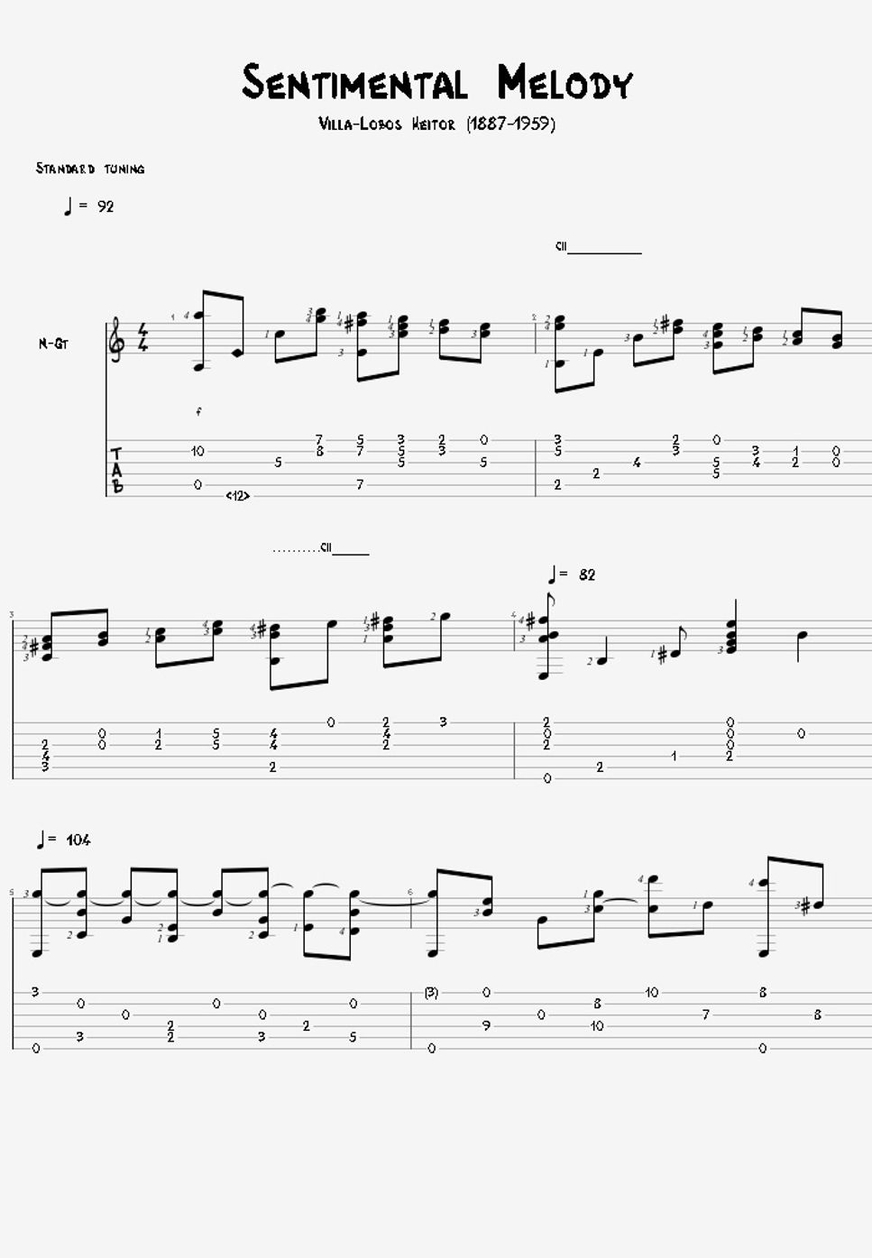 VILLA LOBOS 楽譜 エチュードNo.1 ／ ヴィラ・ロボス ギターソロ タブ譜と楽譜