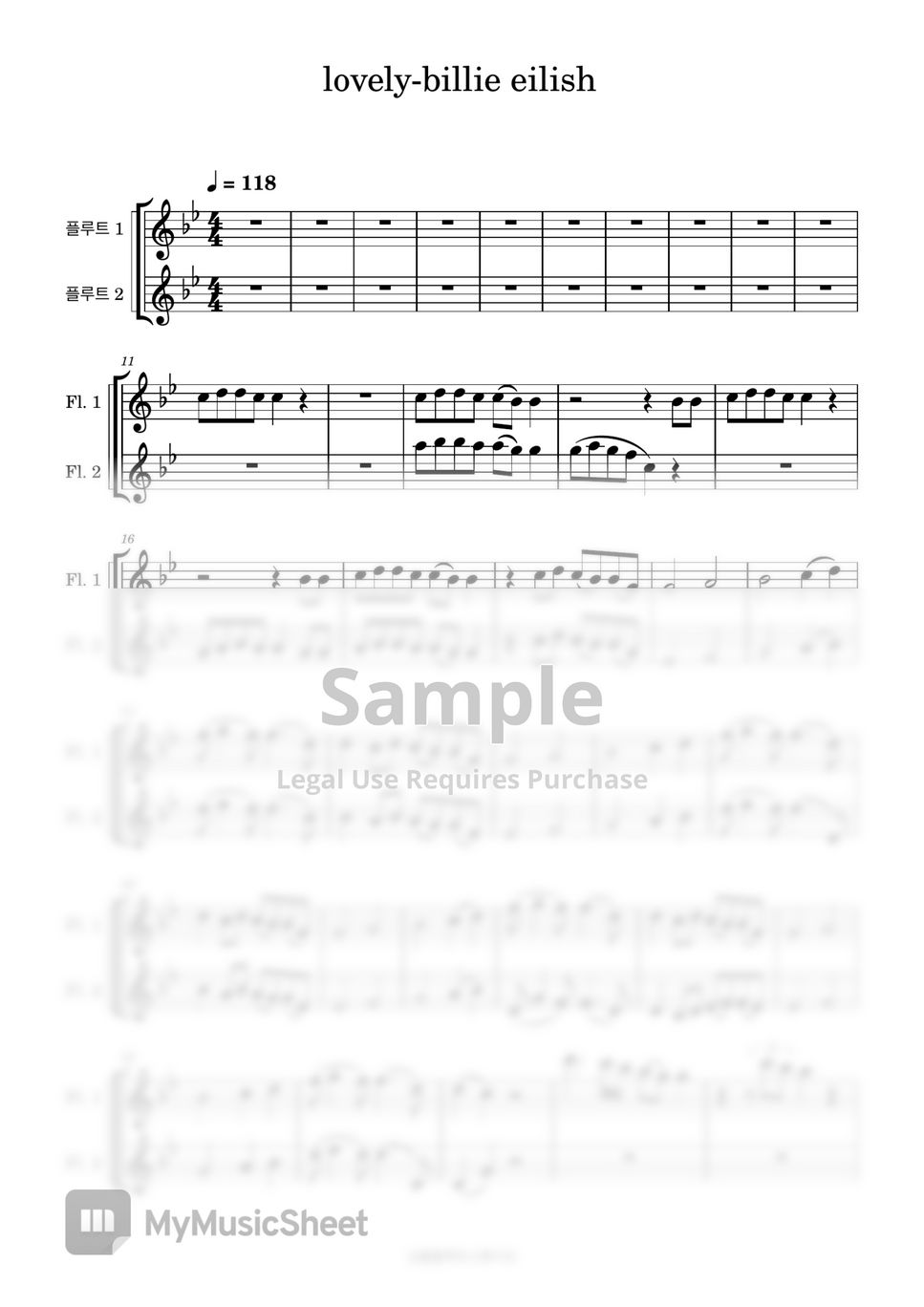 빌리 아일리시 Lovely (Two flutes/반주 MR/ 피아노 악보) Hoja by 심플플루트