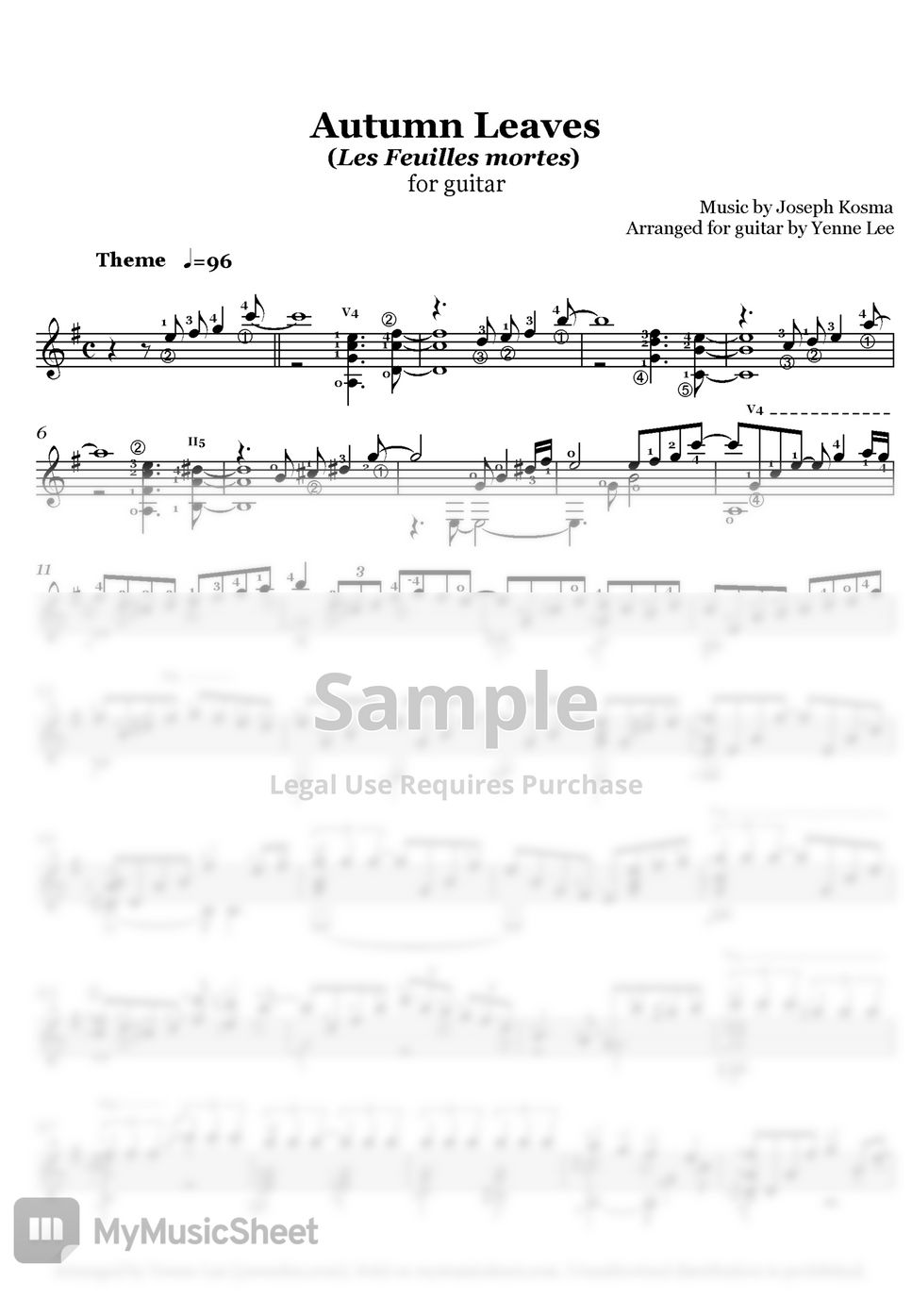 Yves Montand Autumn Leaves (Les Feuilles mortes) (for guitar STAFF — free download