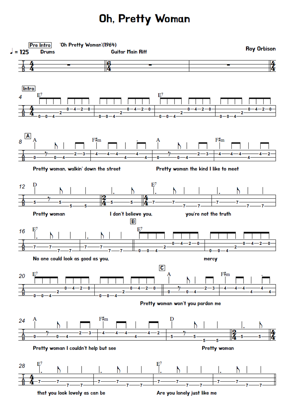 Roy Orbison - Oh, Pretty Woman Bass Guitar TAB PDF | 김미(Kimme) | mymusic5