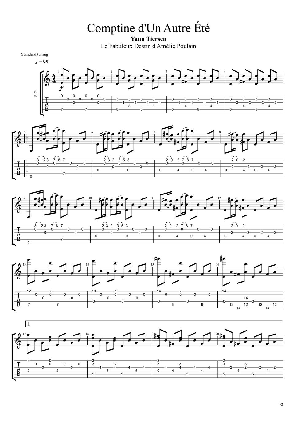 Klaviernoten Yann Tiersen Comptine D Un Autre été Yann Tiersen - Comptine d'un autre été TAB by Nico music
