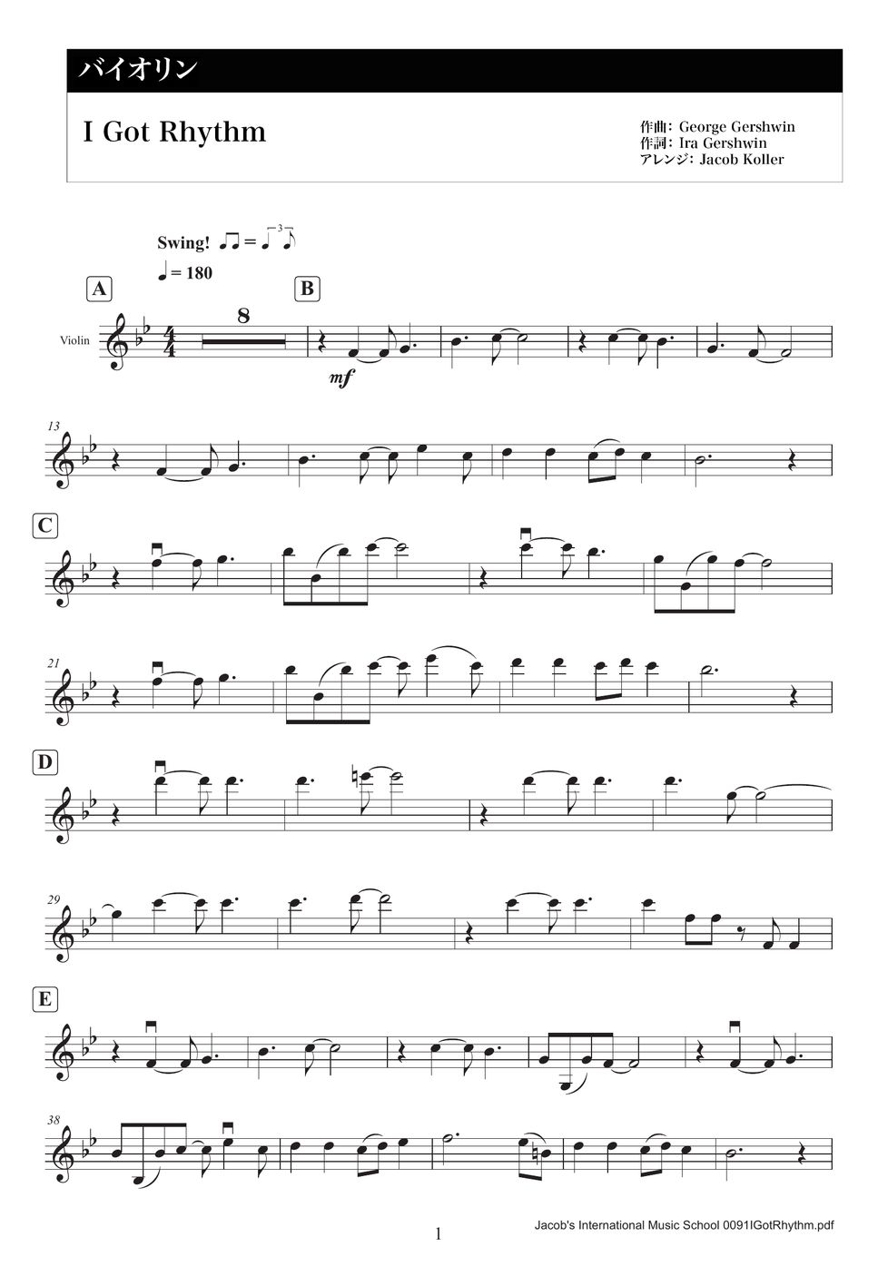 George Gershwin - I Got Rhythm Sheet By Jacob Koller