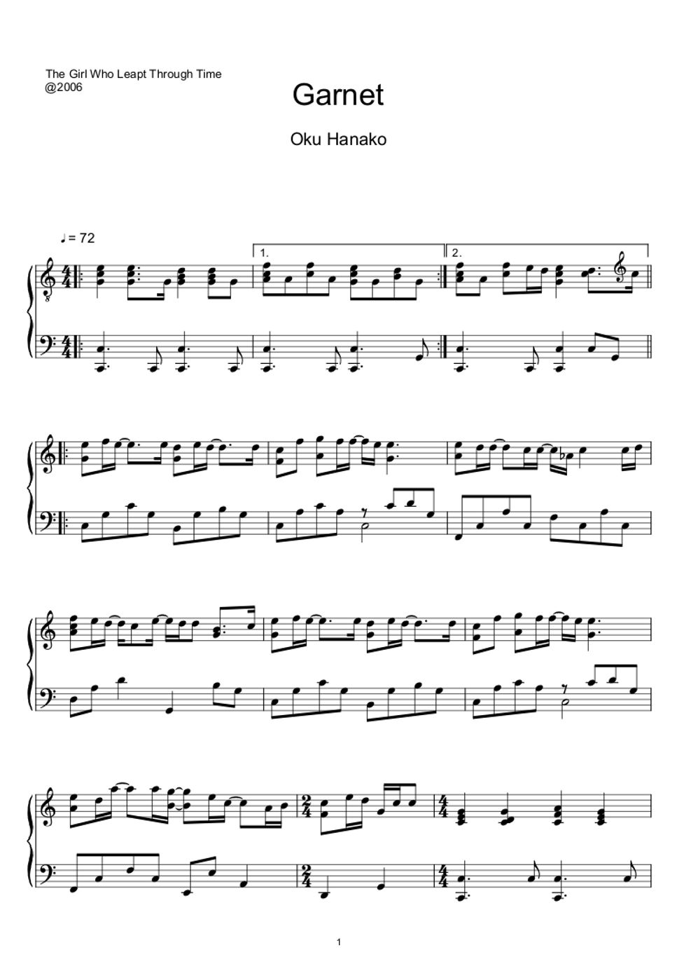 奥華子 - ガーネット『時をかける少女』 (楽譜, MIDI,) by sayu