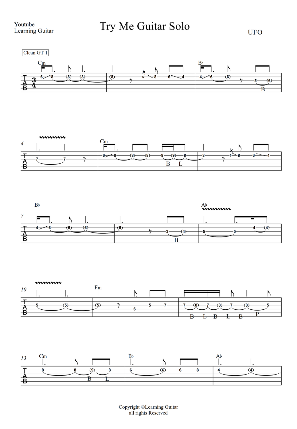 UFO - Try Me (Guitar Solo TAB) نوتة موسيقية by Learning Guitar