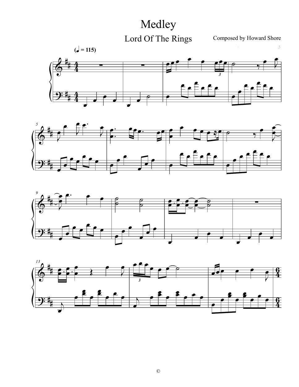 Howard Shore Lord Of The Rings Medley 樂譜 by Potter Jayan Piano