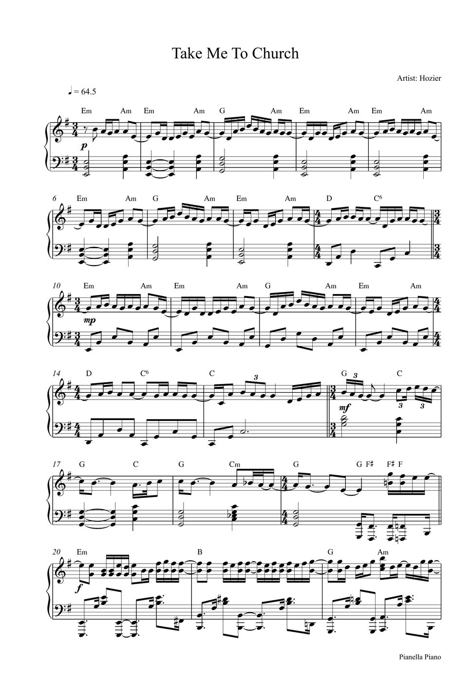 Hozier Take Me To Church Piano Sheet Sheet By Pianella Piano 3199