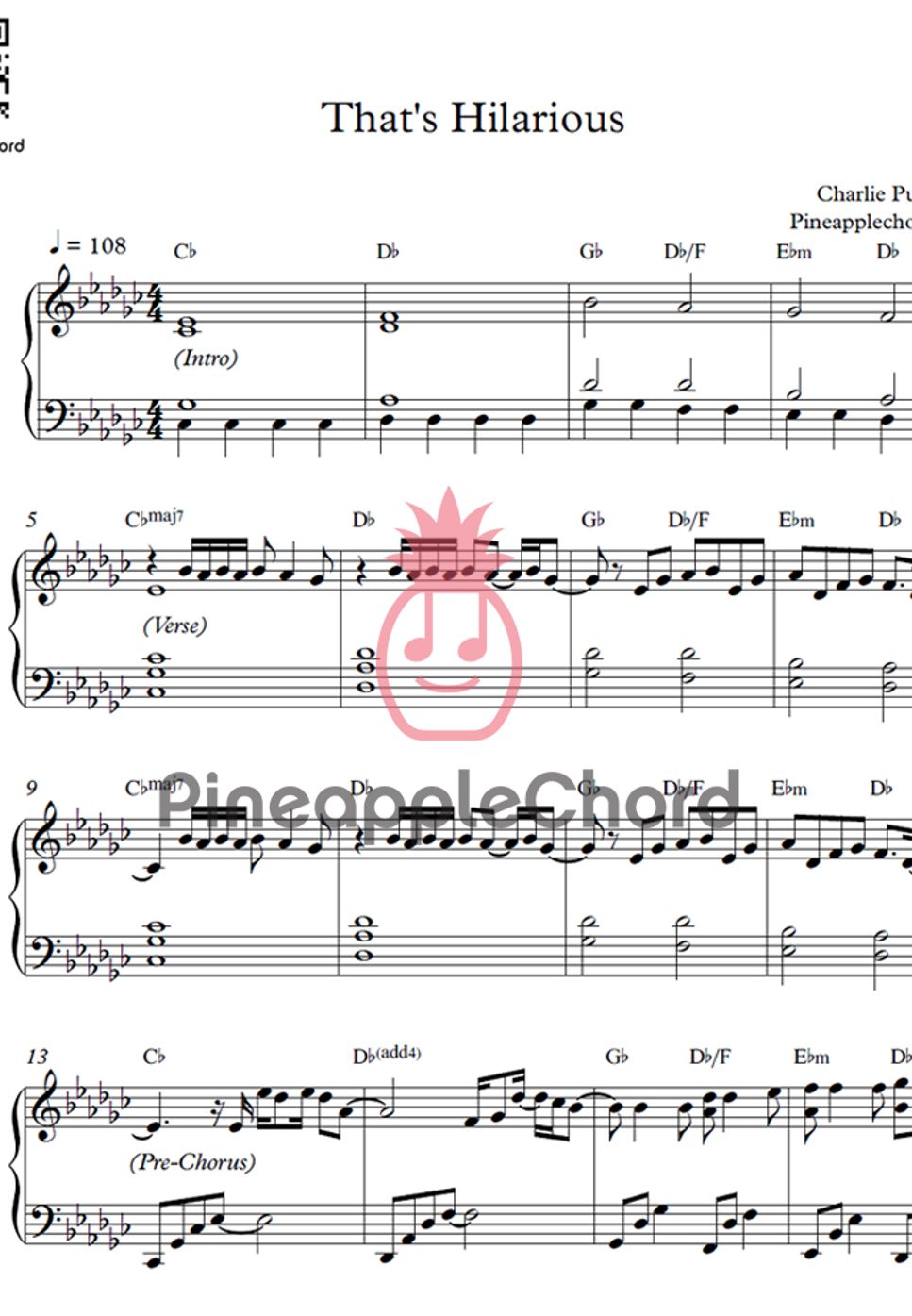 Charlie Puth That's Hilarious (Piano Solo Original Key) Lembar Musik by Pineapplechord