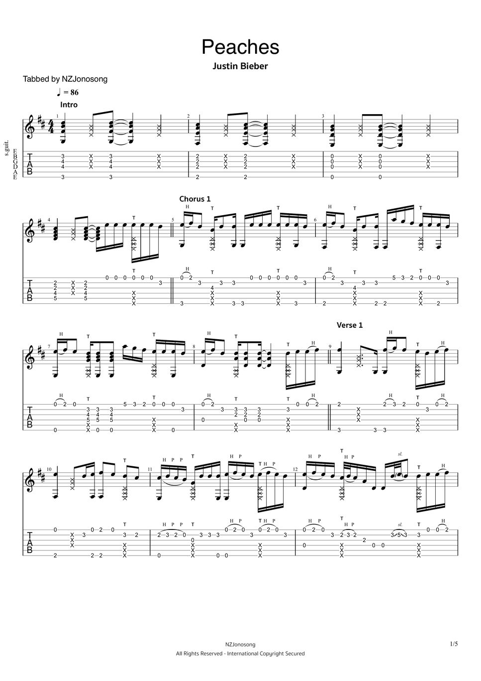 Justin Bieber Peaches (Normal, 9/10) TAB by NZJonosong