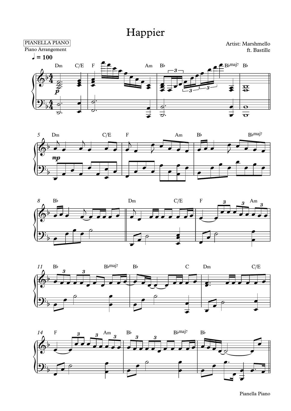 Marshmello Happier Piano Sheet Partition Musicale By Pianella Piano 3593