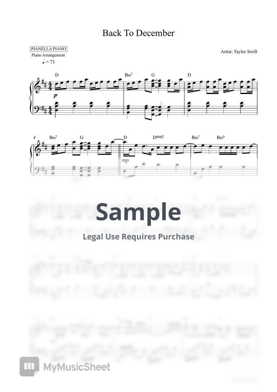 Taylor Swift Back To December Piano Sheet Sheets By Pianella Piano