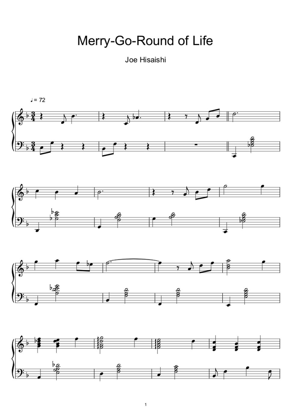 久石譲 (Joe Hisaishi) - Merry-Go-Round of Life (from Howl's Moving Castle) (Sheet Music, MIDI,) by sayu