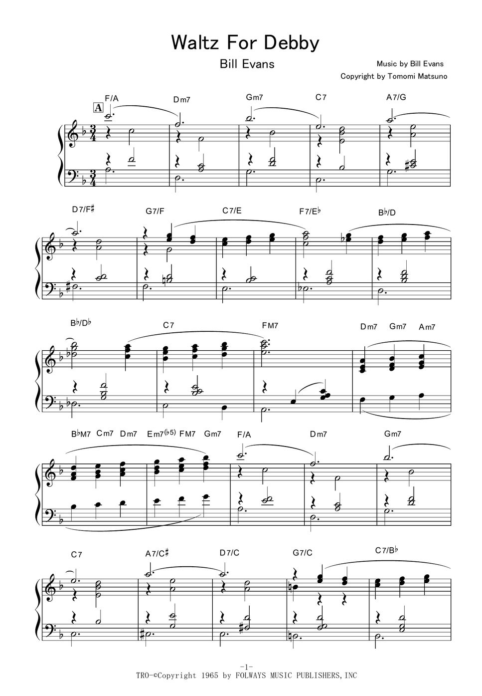 Bill Evans Waltz For Debby نوتة by piano*score