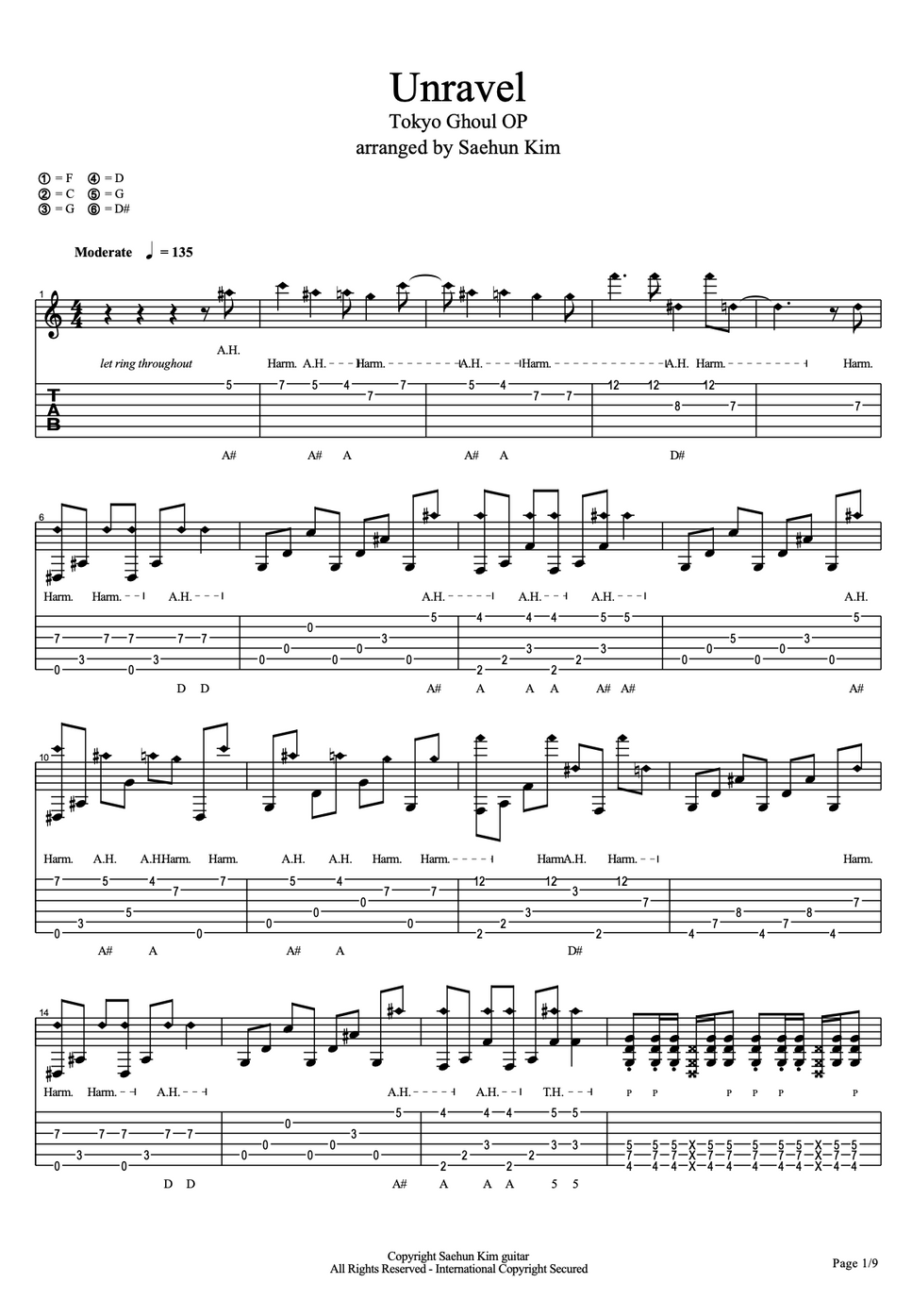 TK from 凛として時雨 - Unravel (도쿄구울 ost) タブ+五線譜 | Saehun