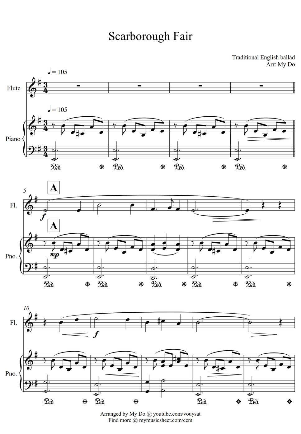Scarborough Fair for Flute solo (easy) with Piano Accompaniment by My Do