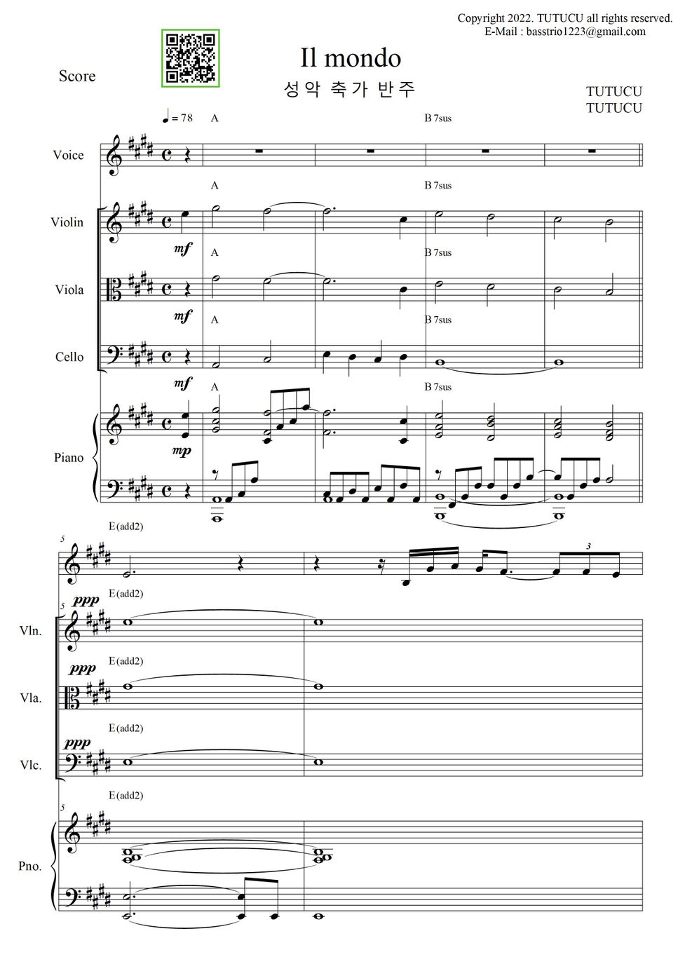 지미 폰타나 - Il Mondo (반주 / 피아노 4중주 / 성악 반주 / 총보 / 파트보 / 편곡) by TUTUCU