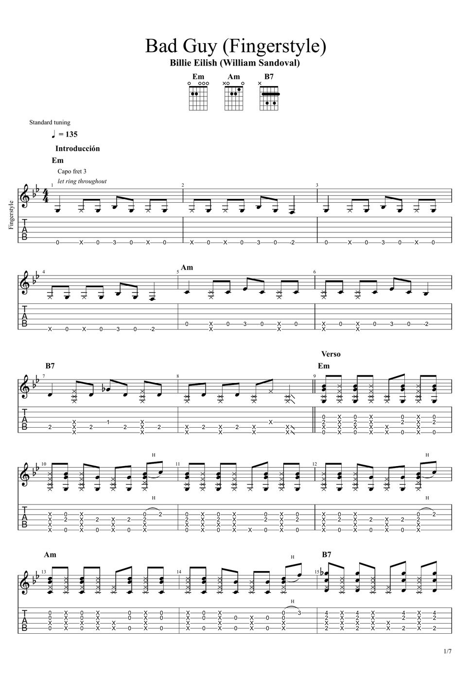 Billie Eilish Bad Guy (Fingerstyle) Tab + 단선 악보 by William Sandoval