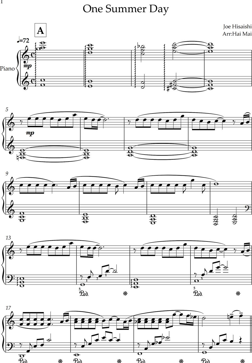 Joe Hisaishi - One Summer's Day for Piano solo by Hai Mai