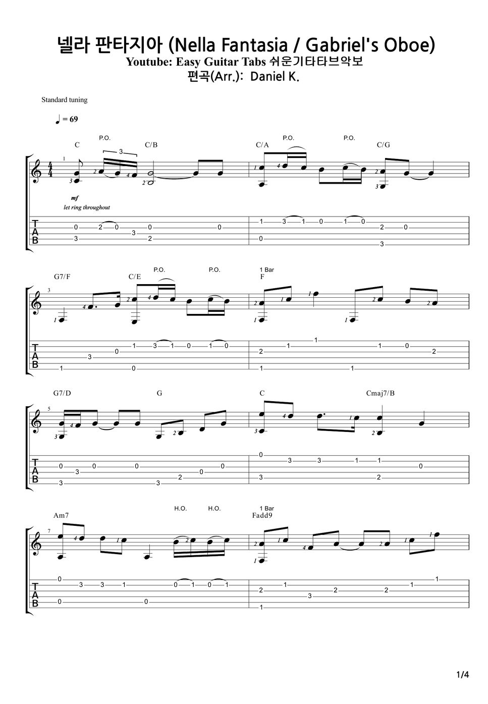 사라 브라이트먼 넬라 판타지아 (Nella Fantasia / Gabriel's Oboe) TAB by Daniel K.