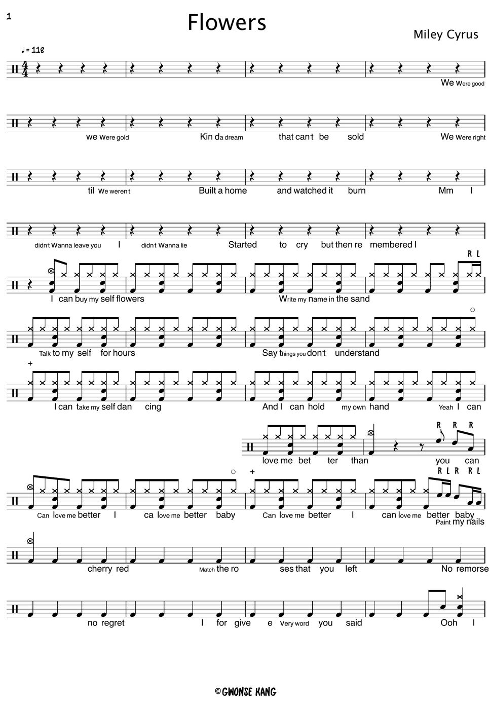 Miley Cyrus Flowers Partitura by Gwon's DrumLesson