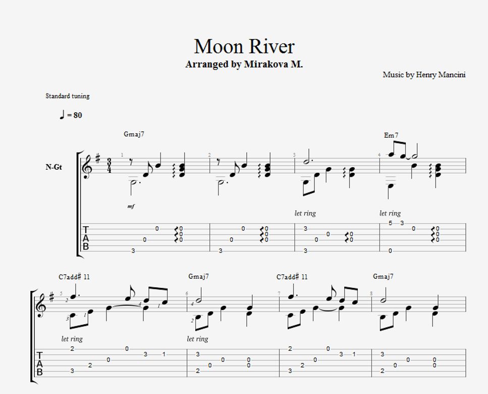 Henry Mancini - Moon River Tab + 1staff by Marina Mirakova