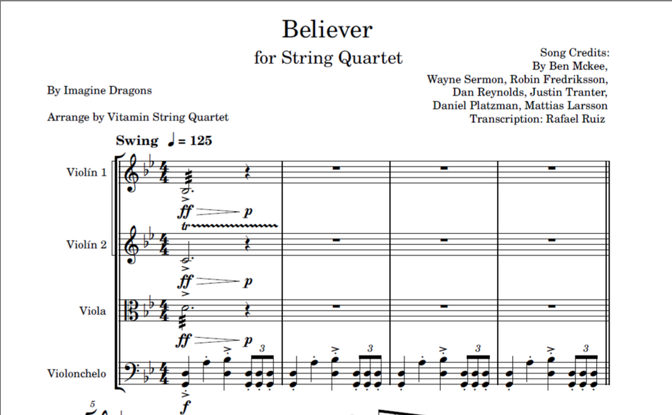 Imagine Dragons - Believer (Quarteto de Cuerdas) 악보 by Vitamin String ...