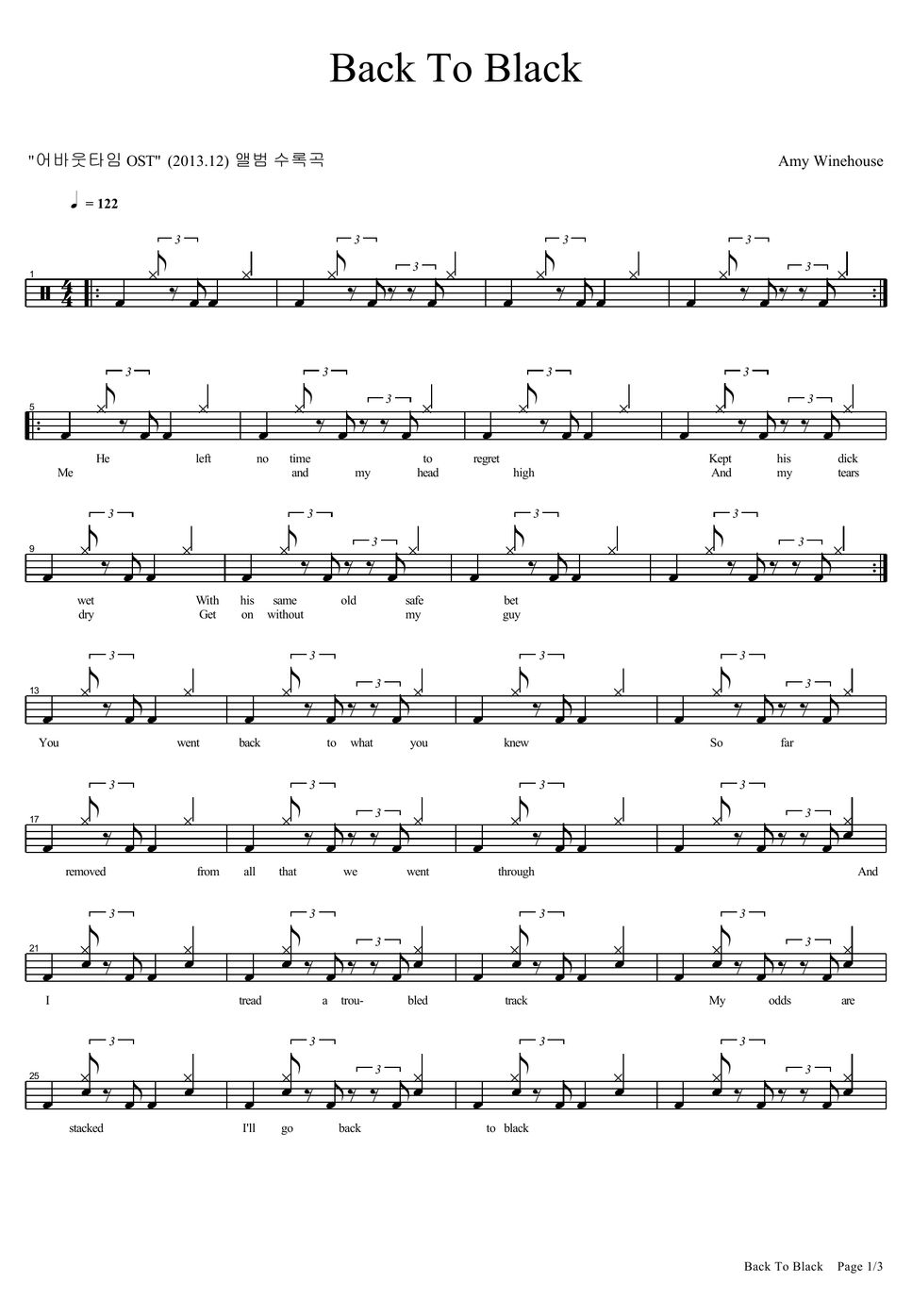 Amy Winehouse Back To Black Partition musicale by COPYDRUM