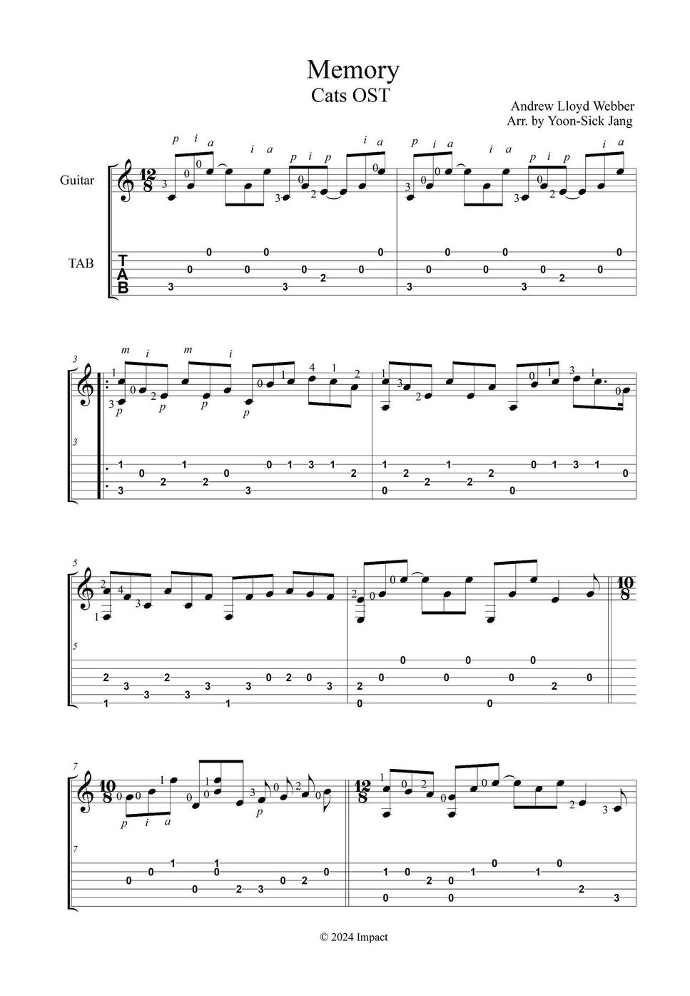 Andrew Lloyd Webber - 뮤지컬 캣츠(Cats) -Memory(쉬운 기타솔로) (타브악보, 오선악보 동시 수록) by 장윤식